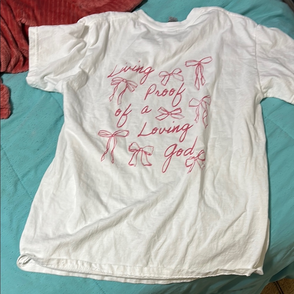 White T-Shirt with Pink Graphic Text